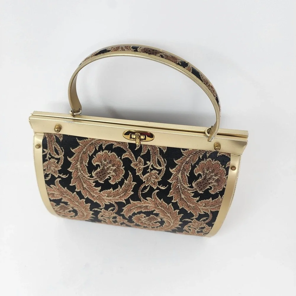 VTG 1950s Natalizio Of Miami Handbag‎ Gold Metal Brown Black Paisley Damask MCM